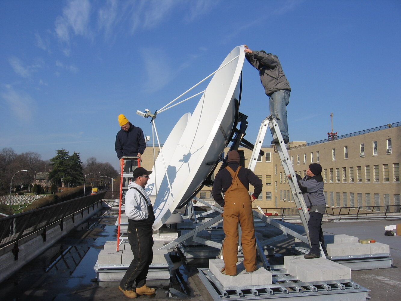 Satellite antenna installation at a broadcast facility